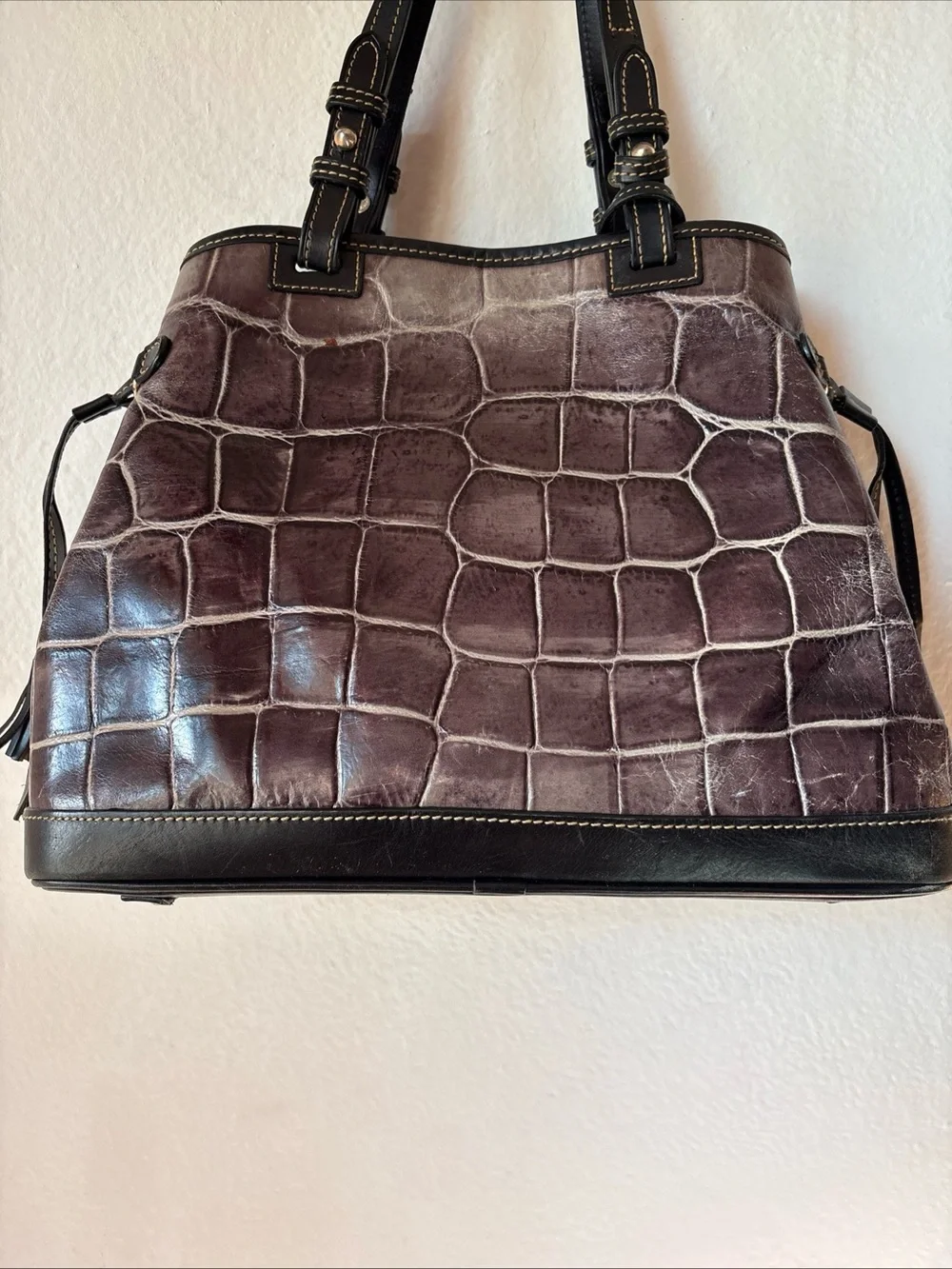 Dooney & Bourke Croc-Embossed Shoulder Tote - Deep Brown with Black Trim
